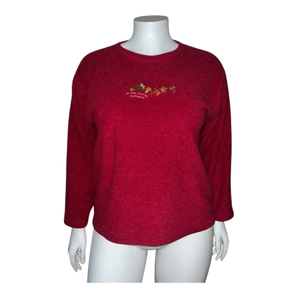 Fundy Vintage Womens Red Fleece Shirt Brown County Embroidered Leaves XL EUC